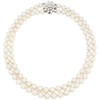 Lot 673 - Double Strand Cultured Pearl Necklace with Platinum, White Gold and Diamond Clasp, Van Cleef & Arpels, France