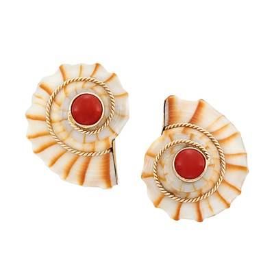 Lot 358 - Pair of Gold, Shell and Coral Earclips, Maz
