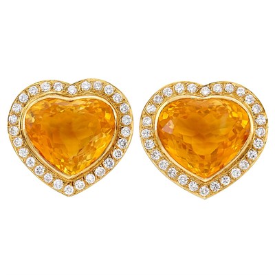 Lot 554 - Pair of Gold, Citrine and Diamond Earclips