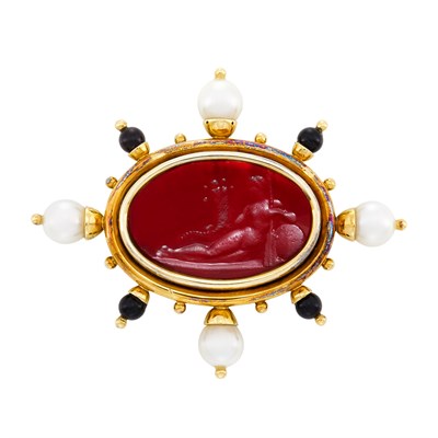 Lot 332 - Gold, Red Glass, Mother-of-Pearl, Cultured Pearl and Black Onyx Bead Clip-Brooch, Elizabeth Locke