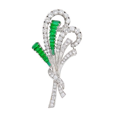 Lot 440 - White Gold, Emerald and Diamond Brooch