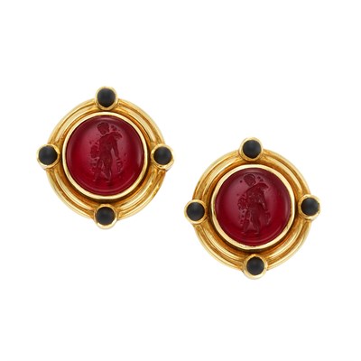 Lot 331 - Pair of Gold, Red Glass Intaglio, Mother-of-Pearl and Black Onyx Earclips, Elizabeth Locke