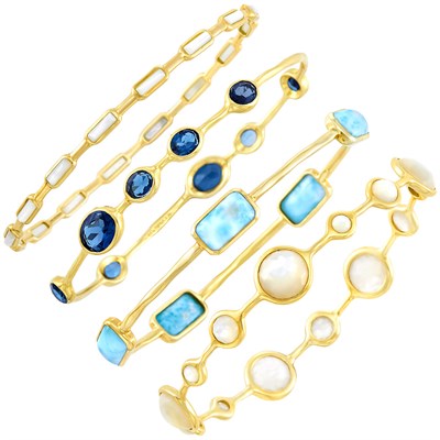 Lot 587 - Four Gold, Mother-of-Pearl, Blue Topaz and Chrysocolla Bangle Bracelets, Ippolita