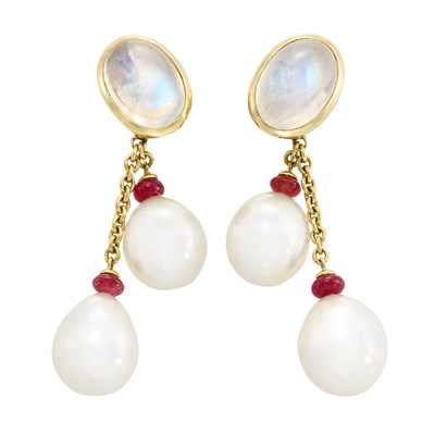 Lot 316 - Pair of Gold, Moonstone, South Sea Cultured Pearl and Ruby Bead Fringe Earrings