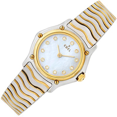 Lot 160 - Lady's Stainless Steel, Gold, Mother-of-Pearl and Diamond 'Wave' Wristwatch, Ebel