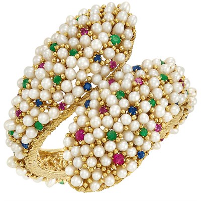 Lot 662 - Gold, Cultured Pearl and Gem-Set Crossover Bangle Bracelet