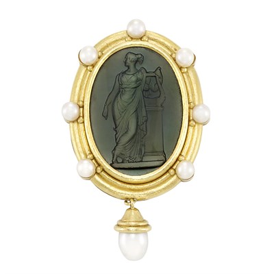 Lot 586 - Gold, Carved Glass, Mother-of-Pearl and Cultured Pearl Clip-Brooch, Elizabeth Locke