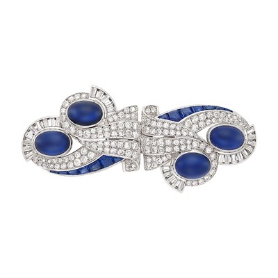 Lot 493 - Platinum, Cabochon Sapphire, Sapphire and Diamond Double Clip-Brooch