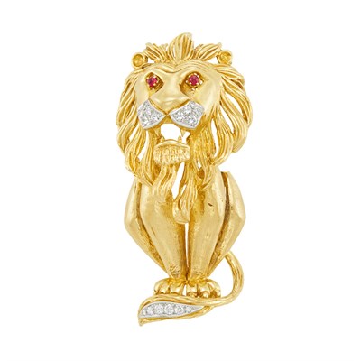 Lot 609 - Gold, Platinum, Diamond and Cabochon Ruby Lion Brooch, France