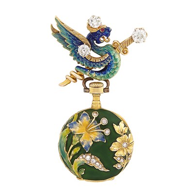 Lot 216 - Art Nouveau Gold, Enamel and Diamond Lapel Watch