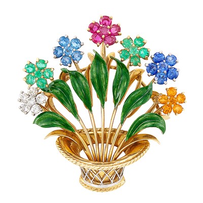 Lot 192 - Gold, Platinum, Gem-Set, Diamond and Enamel Pendant-Brooch, Oscar Heyman & Brothers