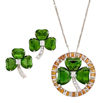 Lot 208 - Platinum, Tourmaline, Diamond and Simulated Citrine Pendant-Brooch Necklace and Pair of Tourmaline and Diamond Earclips, Gumbiner