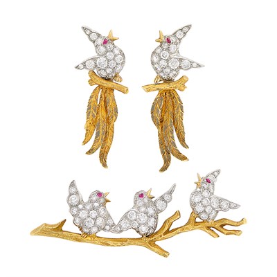 Lot 206 - Pair of Platinum, Gold, Diamond and Ruby Earclips and Brooch, Oscar Heyman & Brothers, Retailed by Gumbiner