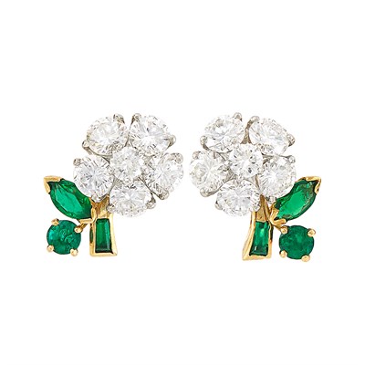 Lot 367 - Pair of Gold, Platinum, Emerald and Diamond Earclips, Oscar Heyman & Brothers