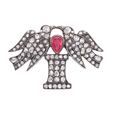 Lot 119 - Georgian Silver, Gold, Ruby and Diamond Love Bird Brooch
