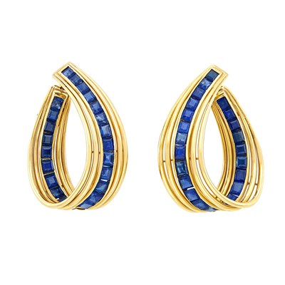 Lot 421 - Pair of Gold and Sapphire Hoop Earrings