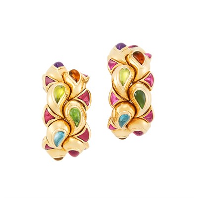 Lot 76 - Pair of Gold and Cabochon Colored Stone 'Casmir' Hoop Earclips, Chopard