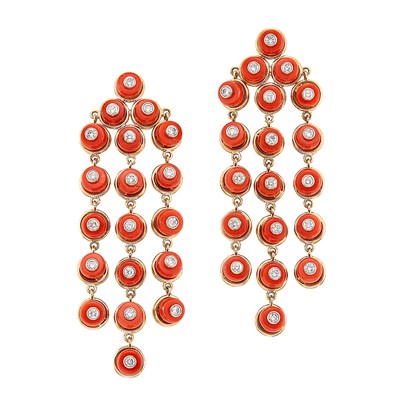 Lot 37 - Pair of Gold, Coral and Diamond Fringe Earclips, Aletto Brothers