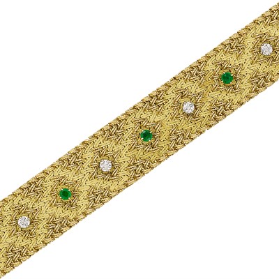 Lot 32 - Gold, Emerald and Diamond Mesh Bracelet, France