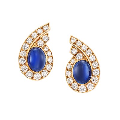 Lot 303 - Pair of Gold, Cabochon Sapphire and Diamond Earclips, Van Cleef & Arpels, France