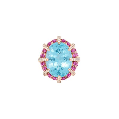 Lot 374 - Rose Gold, Blue Topaz, Ruby and Diamond Ring