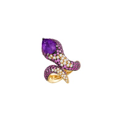 Lot 92 - Gold, Amethyst, Pink Sapphire and Diamond Snake Ring
