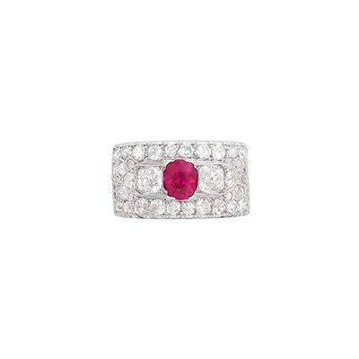 Lot 256 - Wide White Gold, Ruby and Diamond Band Ring
