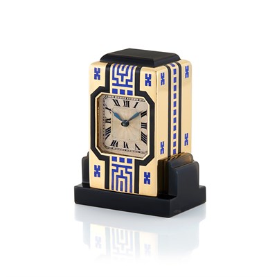 Lot 261 - Art Deco Gold, Black Onyx and Enamel Miniature Desk Clock, France, by Janesich
