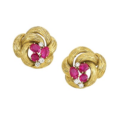 Lot 242 - Gold, Ruby and Diamond Necklace and Pair of Earclips, Cartier, France