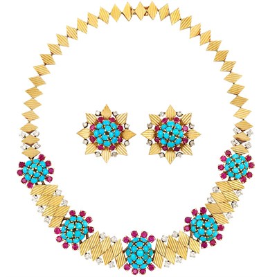 Lot 378 - Gold, Platinum, Turquoise, Ruby and Diamond Necklace, France, and Pair of Earclips