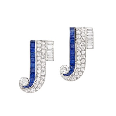 Lot 495 - Pair of Platinum, Diamond and Sapphire Clips