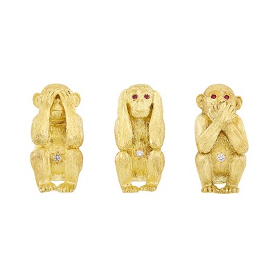 Lot 23 - Three Gold, Ruby and Diamond 'See No Evil, Hear No Evil, Speak No Evil' Monkey Pins