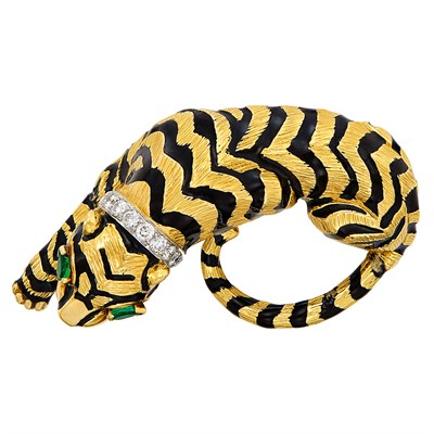 Lot 445 - Gold, Platinum, Black Enamel, Diamond and Emerald Tiger Clip-Brooch, David Webb