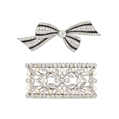 Lot 102 - Belle Epoque Platinum, Gold, Seed Pearl and Diamond Pin and Art Deco Platinum, Diamond and Black Onyx Bow Pin