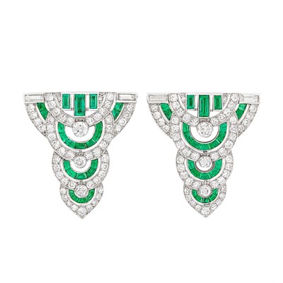 Lot 273 - Platinum, Diamond and Emerald Double Clip-Brooch, Garrard