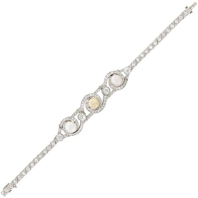 Lot 474 - Belle Époque Platinum, Natural Freshwater Pearl and Diamond Bracelet