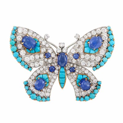 Lot 354 - Platinum, Gold, Diamond, Turquoise and Cabochon Sapphire Butterfly Brooch, France