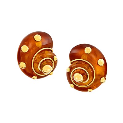 Lot 169 - Pair of Gold and Amber Shell Earclips, Verdura