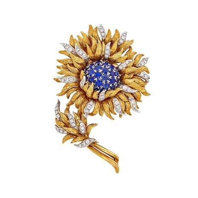 Lot 233 - Two-Color Gold, Sapphire and Diamond Flower Brooch, Tiffany & Co.