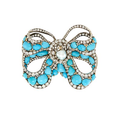 Lot 139 - Silver, Gold, Turquoise, Semi-Baroque Cultured Pearl and Diamond Bow Brooch