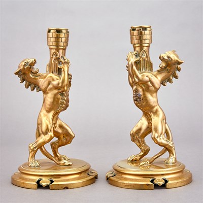 Lot 426 - Pair of Gothic Style Gilt-Metal Rampant Lion...