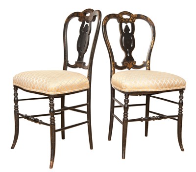 Lot 171 - Pair of Gilt Decorated Black Painted Fancy Chairs