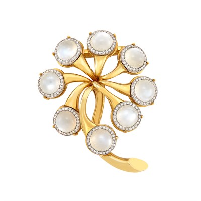 Lot 230 - Gold, Platinum, Moonstone and Diamond Clip-Brooch