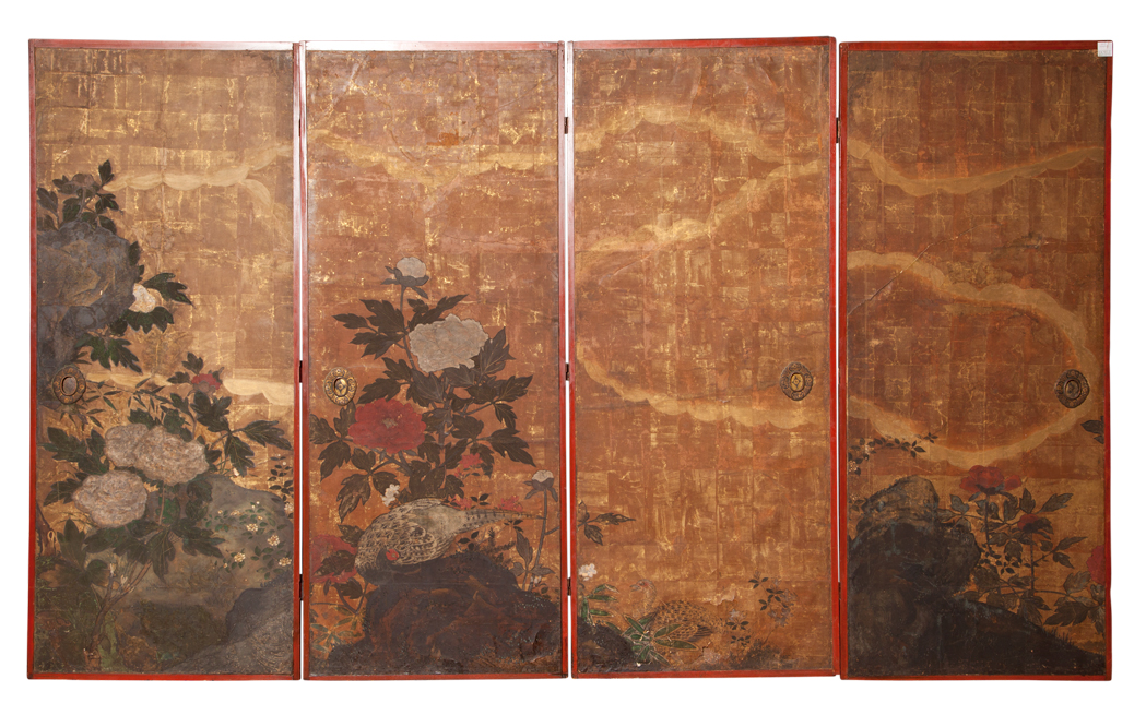 Lot 135 - Asian Painted Four-Panel Screen
