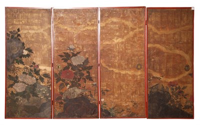 Lot 260 - Asian Painted Four-Panel Screen Height 68 1/2...