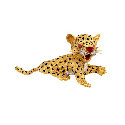 Lot 187 - Gold, Enamel, Diamond and Ruby Leopard Cub Clip-Brooch, Frescarolo