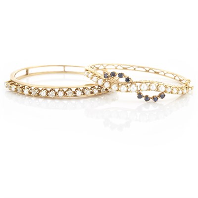 Lot 1634 - Two Gold, Cultured Pearl, Diamond and Sapphire Bangle Bracelets