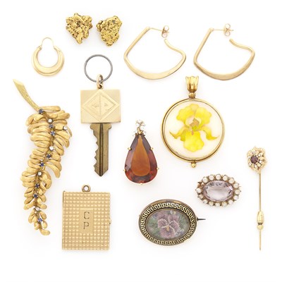 Lot 1631 - Group of Gold, Low Karat Gold and Metal Pendants, Pins, Earrings, Single Earring and Key