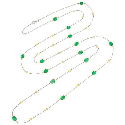 Lot 247 - Long Two-Color Gold, Emerald and Colored Diamond Chain Necklace