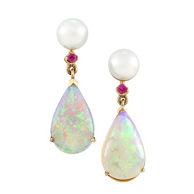 Lot 328 - Pair of Gold, Opal, Ruby and Cultured Pearl Pendant-Earrings